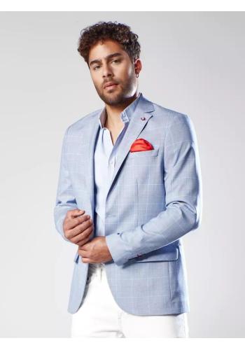 Jednořadé pánské sako světle modré barvy s kostkovaným vzorem
