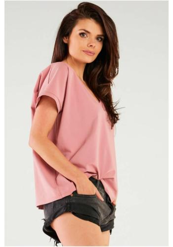 Růžové dámské tričko s véčkovým výstřihem
