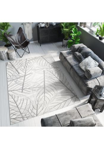 Moderní šedý koberec s motivem listí