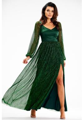 Zelené lesklé maxi šaty s dlouhým rukávem