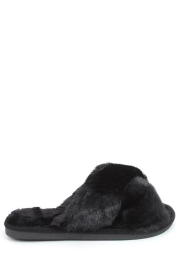 Dámské stylové pantofle s nadýchanou kožešinou v černé barvě