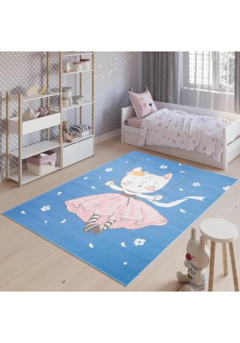 Modrý dětský koberec s kočičkou