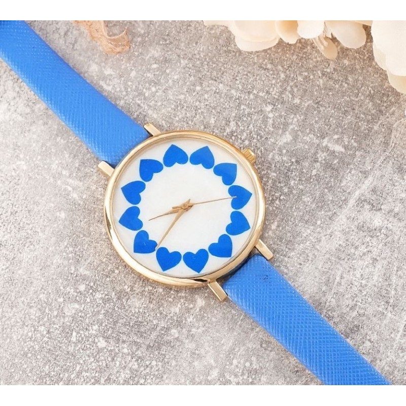 Dámské hodinky se srdíčky v modré barvě
