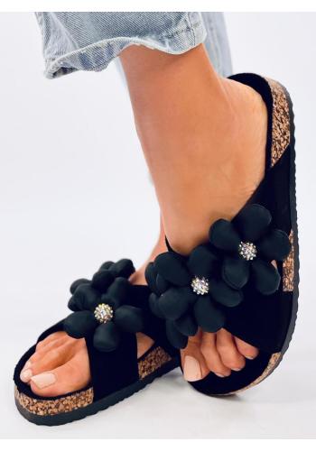 Korkové černé pantofle s květinami