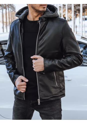 Černá kožená bunda s teplákovou kapucí