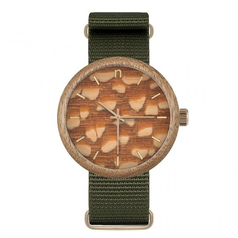 Pánské dřevěné hodinky s textilním řemínkem v šedé barvě
