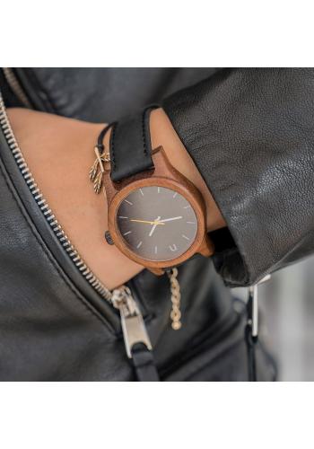 Béžovo-černé dřevěné hodinky s koženým řemínkem pro dámy