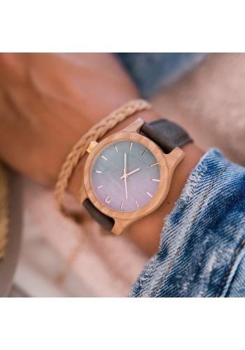 Dámské dřevěné hodinky s koženým páskem v béžovo-růžové barvě