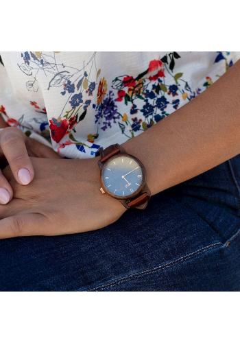 Hnědo-fialové dřevěné hodinky s koženým řemínkem pro dámy